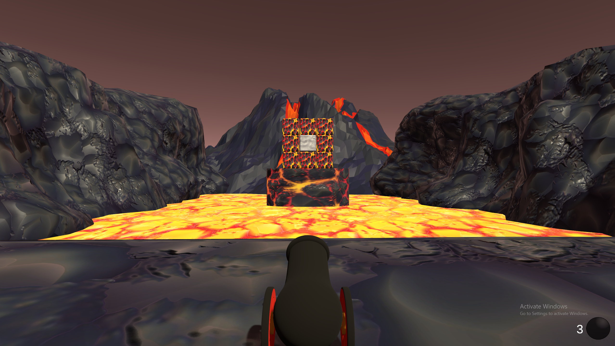 Level 1 — single stacked lava block structure on a lava platform with cannon in foreground