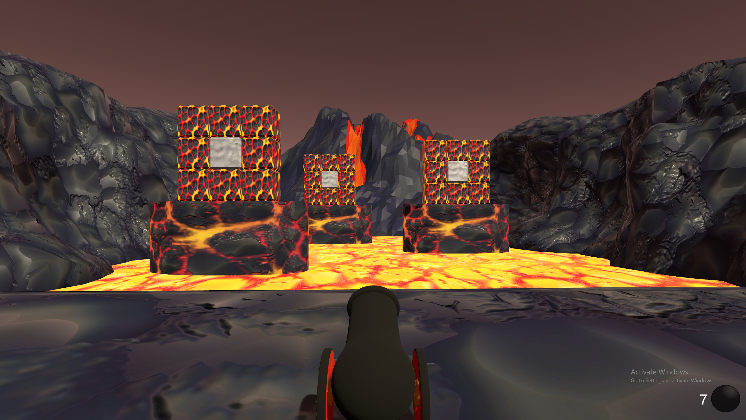 Level 3 — three separate lava block structures spread across the platform at varying heights