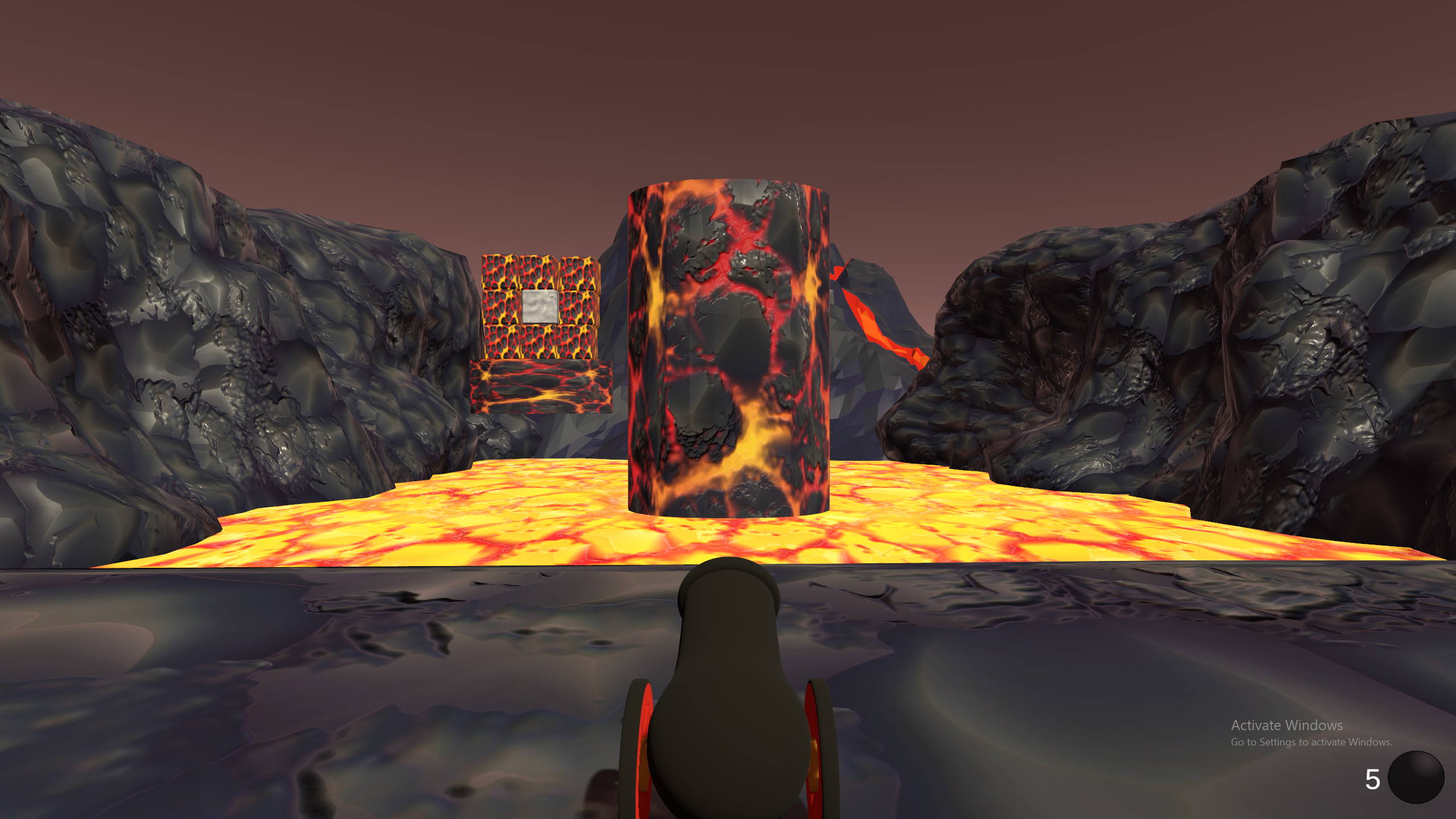 Level 5 — two lava block structures at different heights and positions requiring multiple precise shots