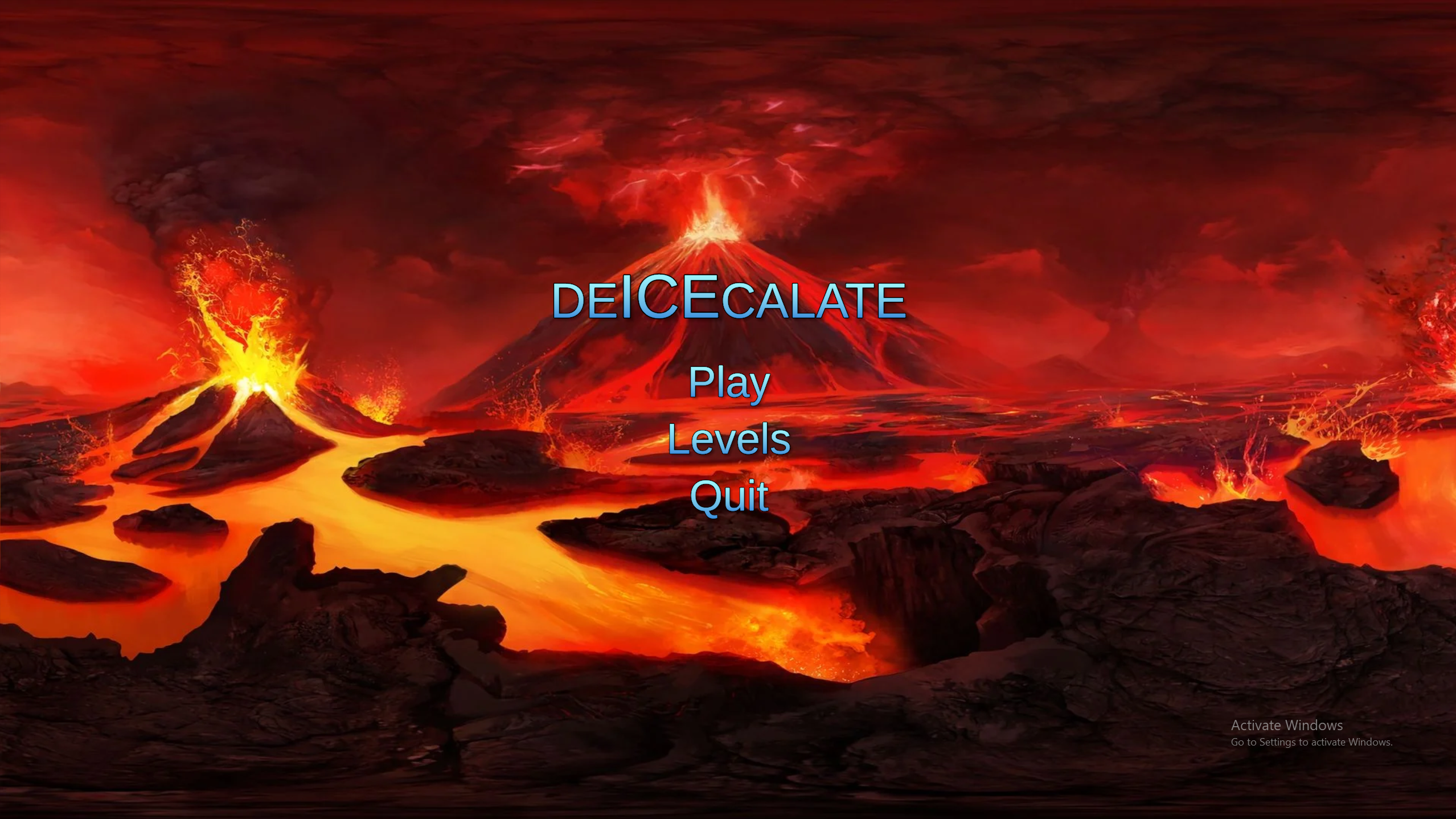 DeICEcalate main menu with volcanic eruption background and Play Levels Quit options
