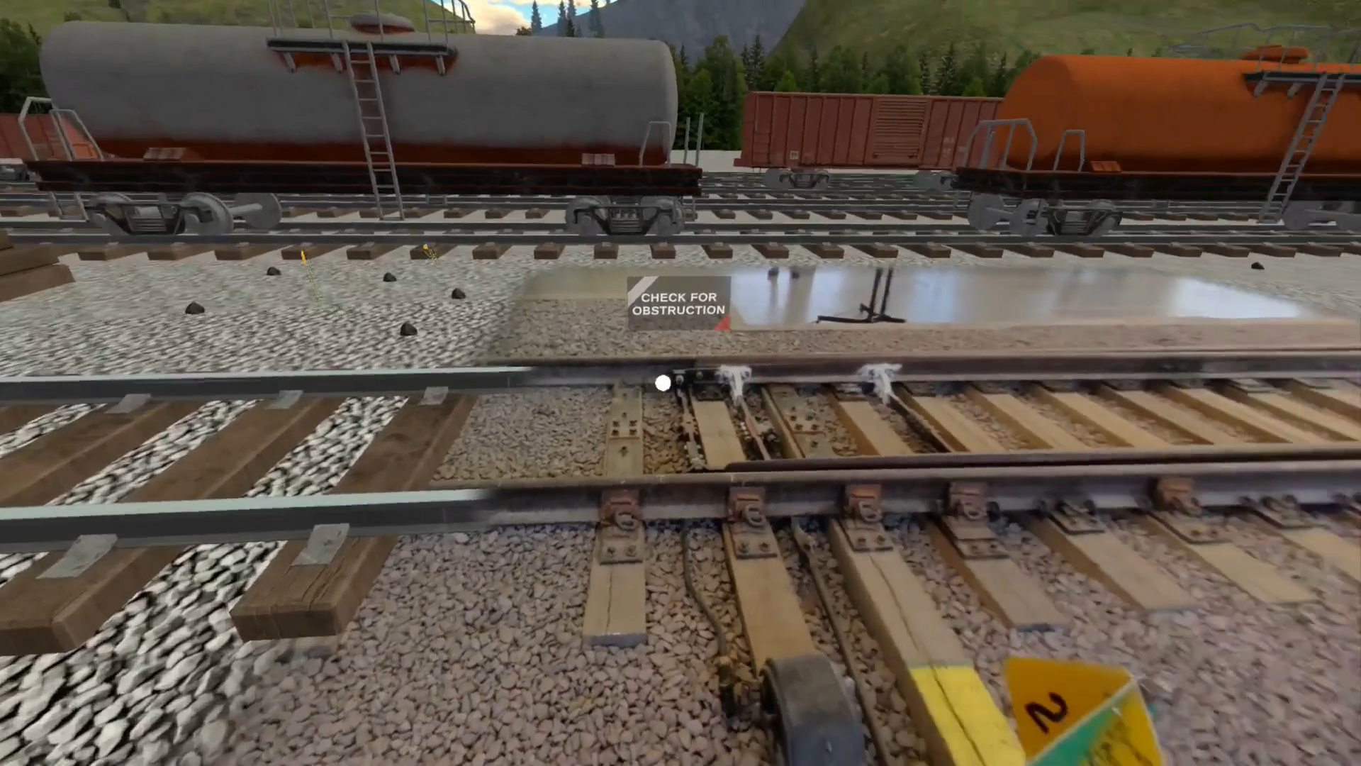 AR passthrough view of real railway facility with virtual switch target overlay