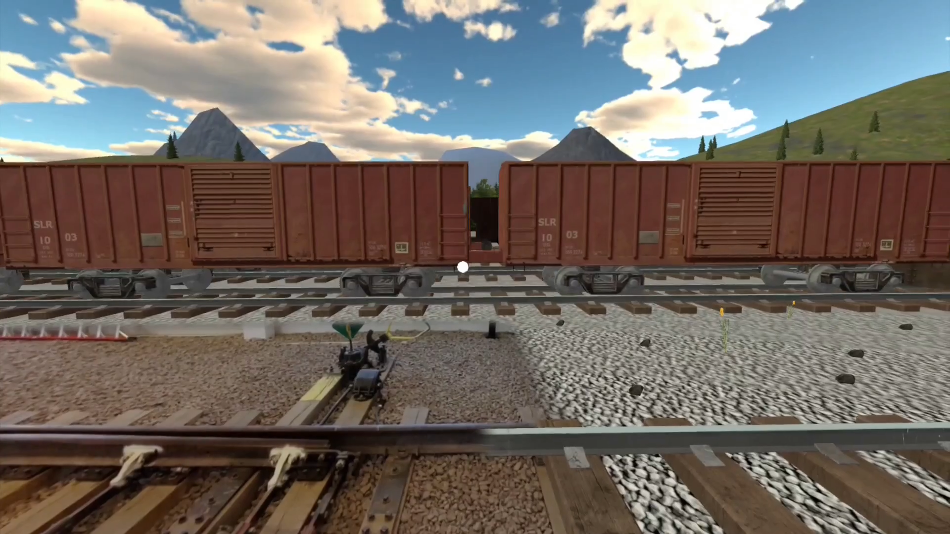 CN Railway yard environment with freight cars and open track crossing