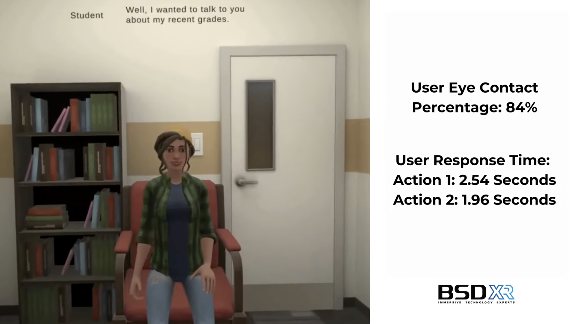 Virtual student seated in office with READY prompt and live eye contact tracking at 100%