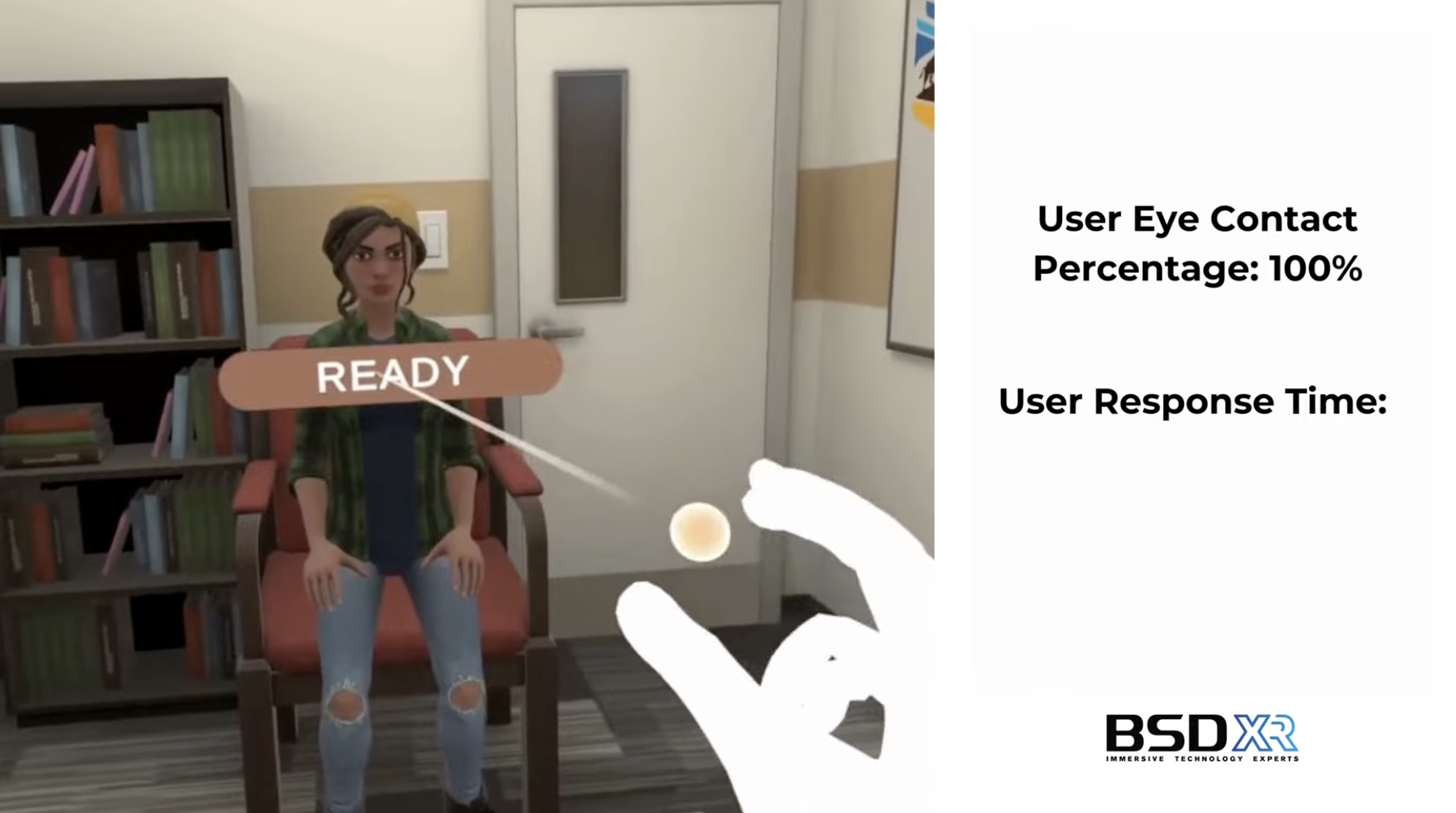 Student NPC delivering dialogue with eye contact at 67% and three action response times logged