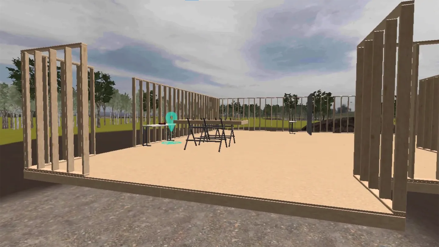 Interior view of residential construction site with framed stud walls and open floor plan