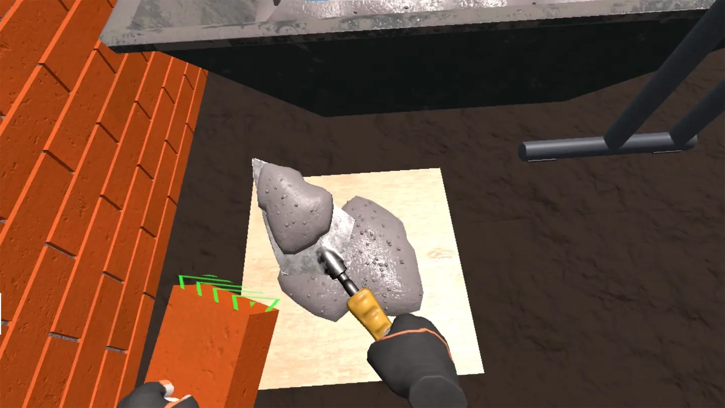 Masonry module with trowel spreading mortar and splitting brick on wooden board