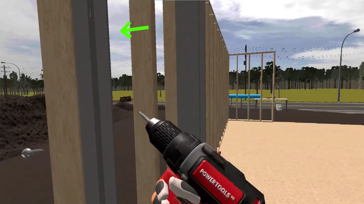 First-person view holding power drill aimed at steel stud wall with directional nav arrow