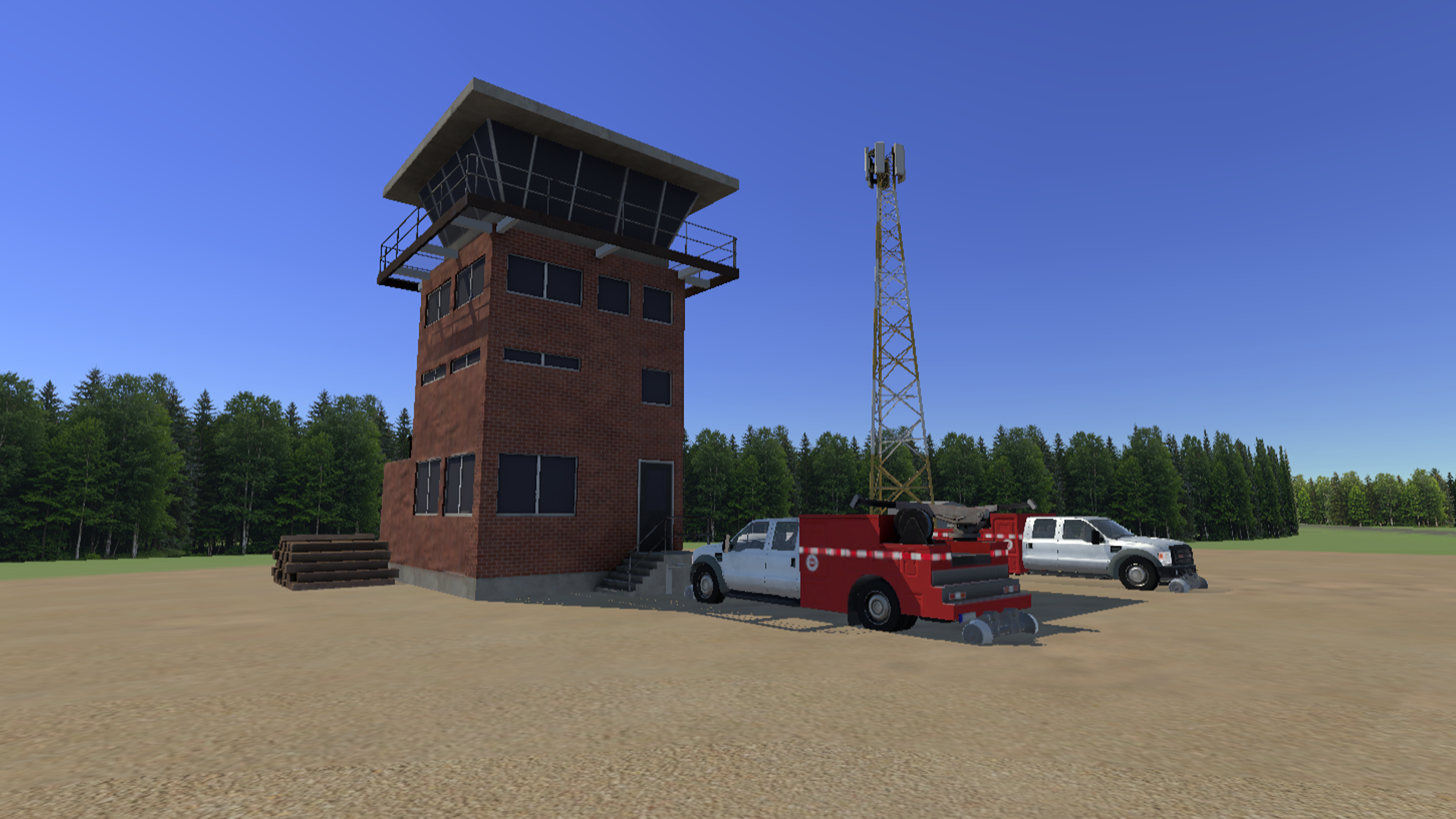 Symington yard low-angle view with switch stand and control tower in background