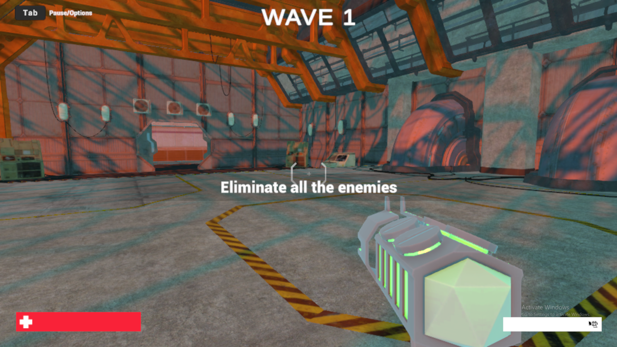 Wave 1 start inside the alien research facility with custom sci-fi weapon and Eliminate all the enemies prompt