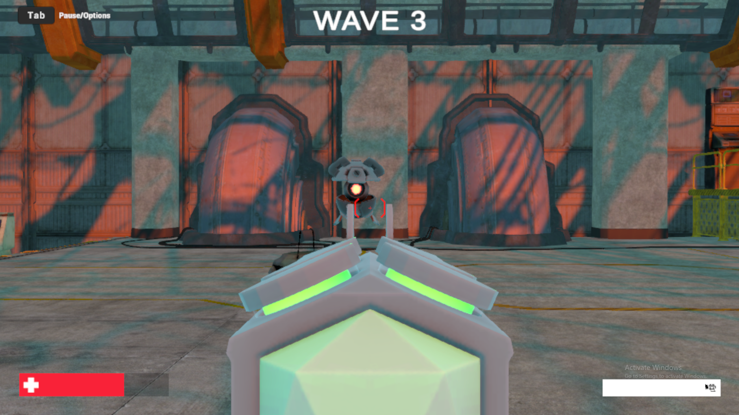 Wave 3 with bipedal robot enemy in crosshairs inside the alien facility