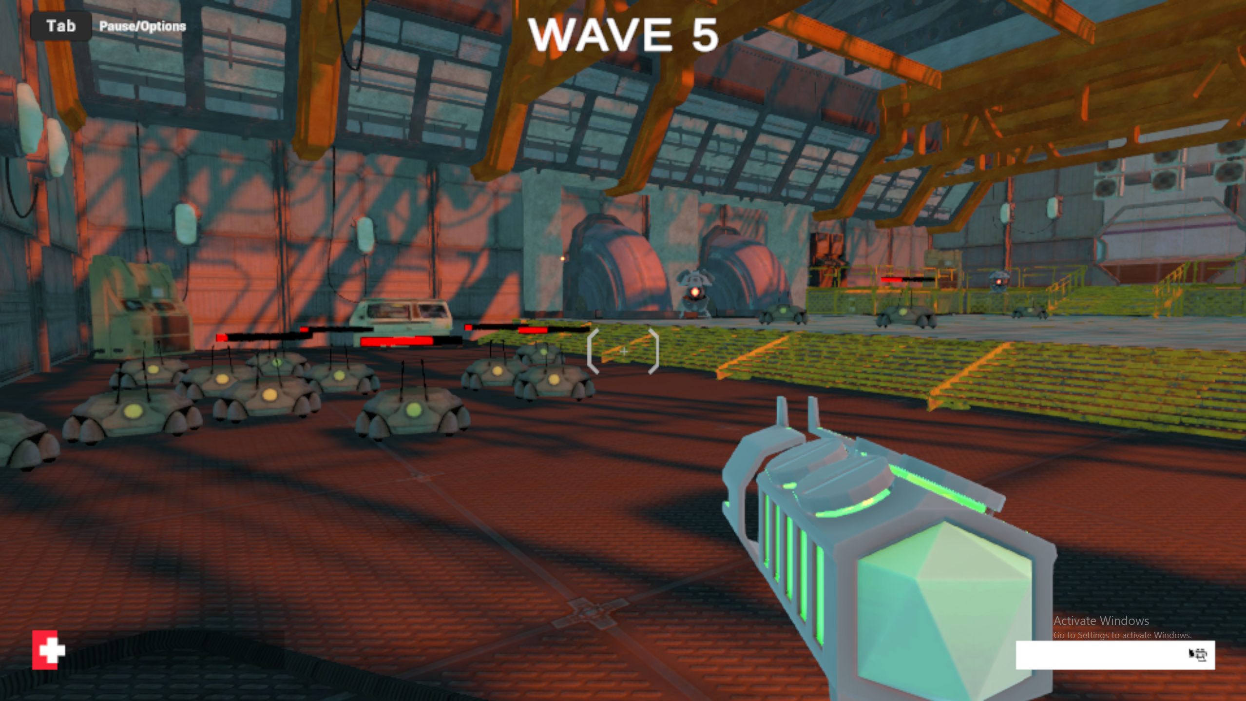Wave 5 with large swarm of ground crawlers and multiple bipedal enemies filling the arena
