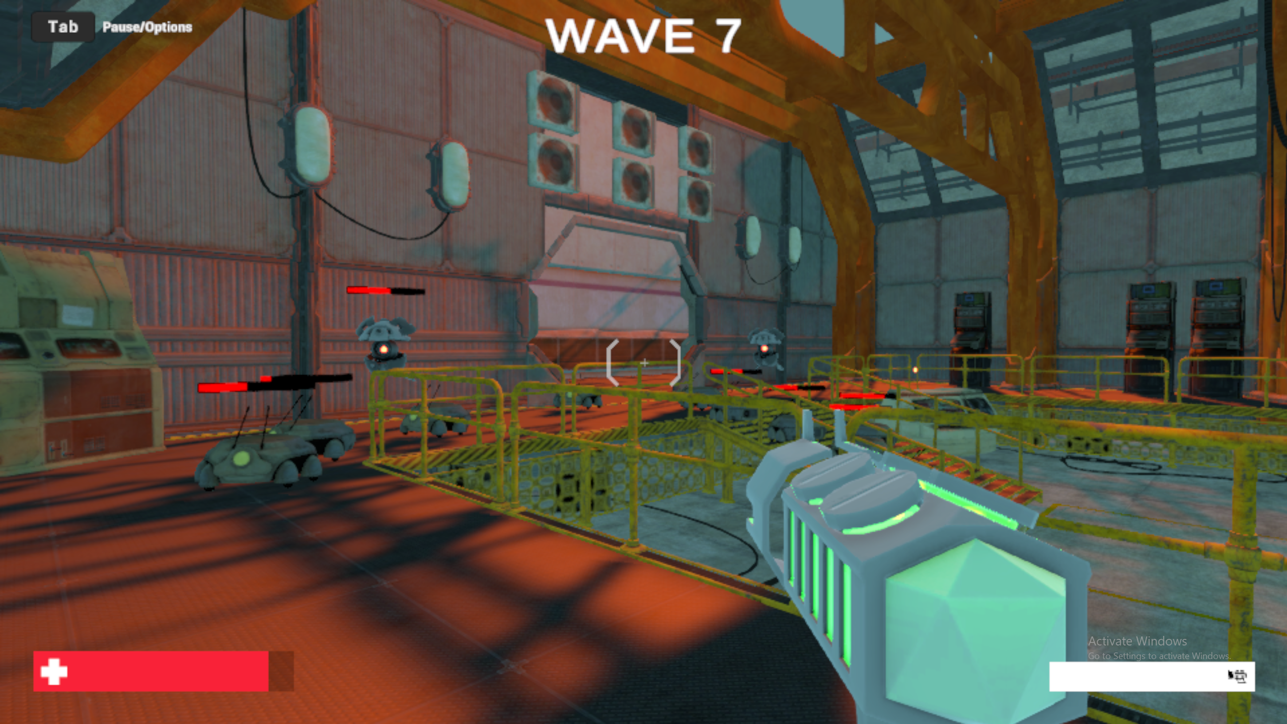 Wave 7 with enemy robots on upper catwalks and lower floor of the multi-level facility