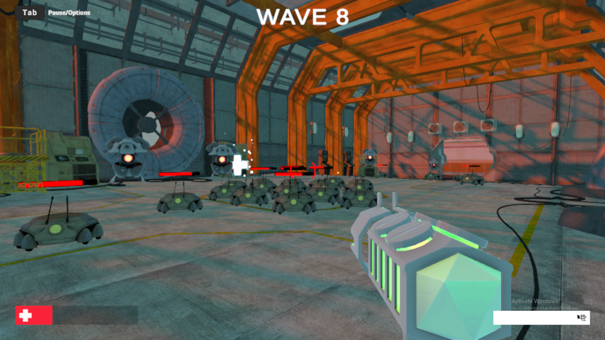 Wave 8 with massive enemy density covering the facility floor with multiple enemy types