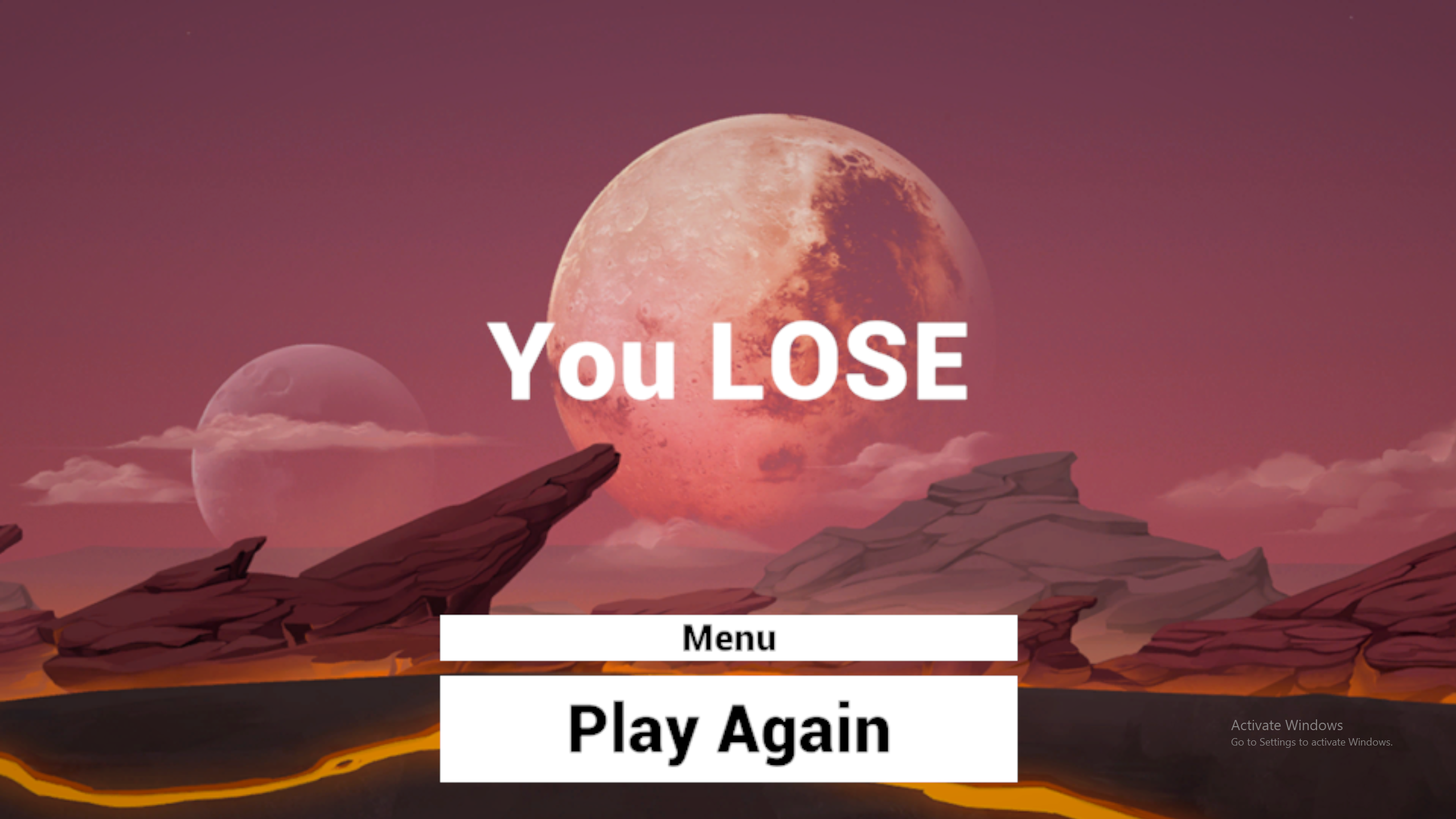 You LOSE end screen with alien moon landscape and Play Again and Menu buttons